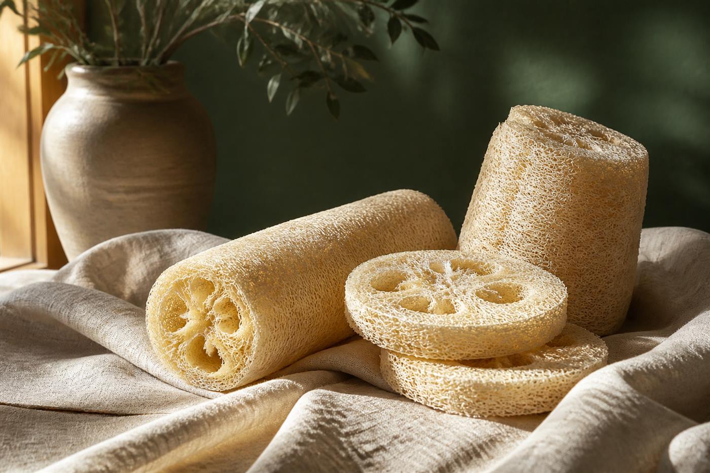Natural loofah pieces on linen